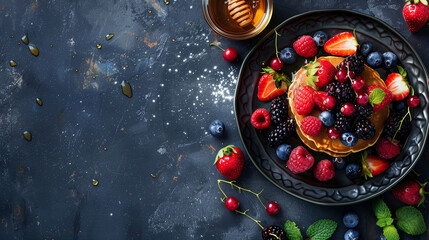 Healthy summer breakfast, homemade classic American pancakes with fresh berries and honey, dark concrete background