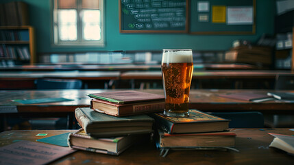 Aesthetic wide angle photograph of a pile of books and a beer pint glass at a highschool classroom. Product photography. Advertising. World book day. - obrazy, fototapety, plakaty