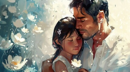 Father hugging his daughter on a white background with flowers that conveys purity. Father's day - obrazy, fototapety, plakaty