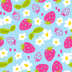 Strawberry and flowers seamless pattern - 755592062
