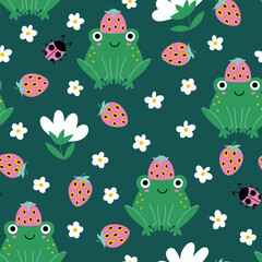 Frogs with strawberries seamless pattern - 755592066