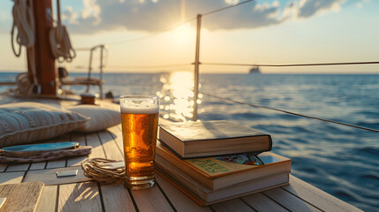 Aesthetic wide angle photograph of a pile of books and a beer pint glass on a yacht deck at sea. Sunshine. Product photography. Advertising. World book day. - obrazy, fototapety, plakaty