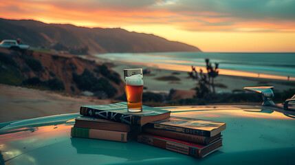 Aesthetic wide angle photograph of a pile of books and a beer pint glass on the hood of an old classic car. sunset. Hills. Mountains. Beach. Product photography. Advertising. World book day. - obrazy, fototapety, plakaty