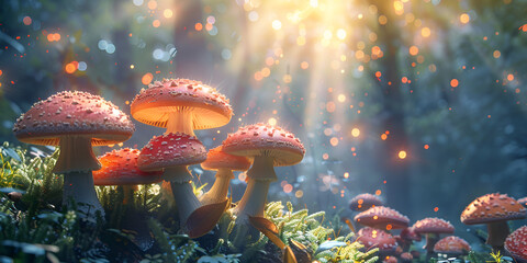 Beautiful mushroom forest , Fantasy enchanted fairy tale forest with magical mushrooms beautiful macro shot of magic, 