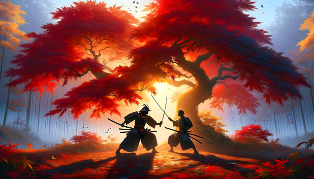 the intensity of two samurai in the midst of a duel under a momiji, or Japanese maple tree, in the full splendor of the fall season. The leaves of the tree in vibrant shades of red, orange, and gold