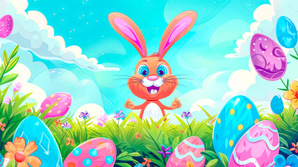 Colorful easter bunny and eggs in spring landscape
