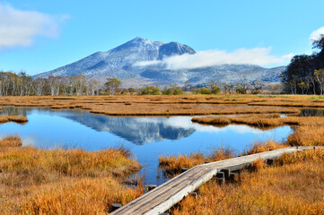 尾瀬ケ原の紅葉と新雪の燧ケ岳