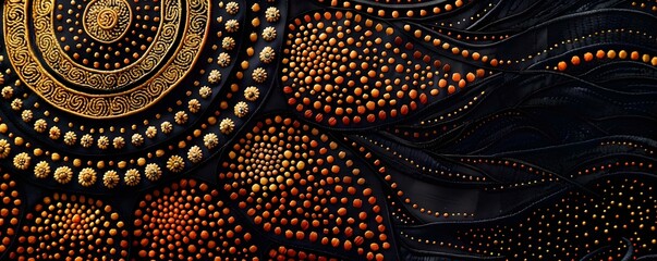 Australian Aboriginal embroidery showcasing intricate dot paintings . Concept Australian Culture, Aboriginal Art, Indigenous Craftsmanship, Dot Painting, Embroidery Techniques
