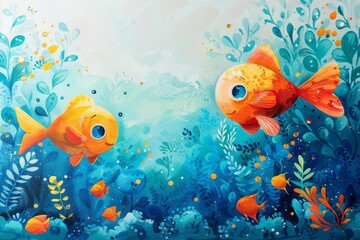 Naklejka premium Whimsical illustration of goldfish swimming among coral plants