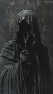 An individual with a mysterious past hidden behind a cloak and holding onto a key.