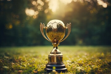 Winner Champion trophy and golden shiny world cup in sports award with green grass field of the stadium background. 3d rendering