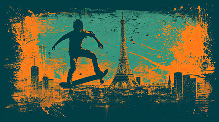 simple line art minimalist collage illustration with a professional skateboarder practicing tricks and Eiffel Tower in the background, olympic games, wide len