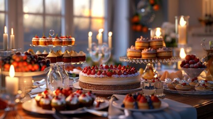 A delicious spread of decadent desserts on a beautifully set table