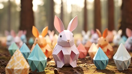 Expertly folded origami Easter bunny with array of pastel eggs