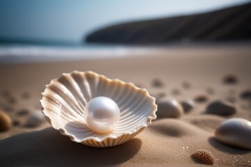 Fototapeta na wymiar A large white pearl in a shell on the seashore.