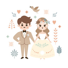 Cute the bride and groom, wedding card, vector illustration in trendy minimalistic style. Save the date card - 755593847