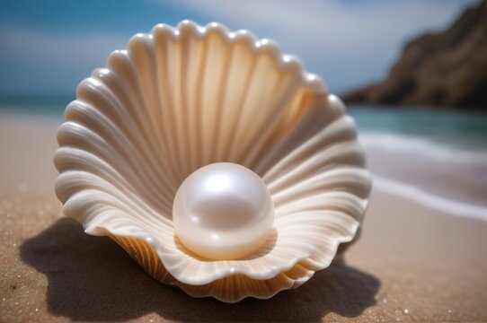 A large white pearl in a shell on the seashore.