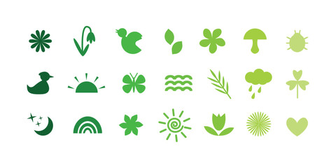 Springtime collection, glyph icons or silhouette illustration set in shades of green, neobrutalism