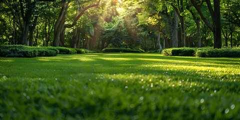 Sunset in a deciduous forest warm spring evening sun light into the camera natural green landscape plants, 