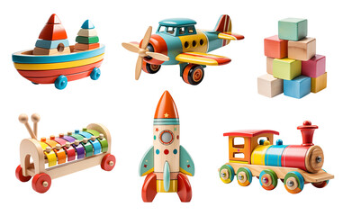  Set of wooden toys isolated on transparent background. Generative AI