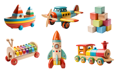 Set of wooden toys isolated on transparent background. Generative AI