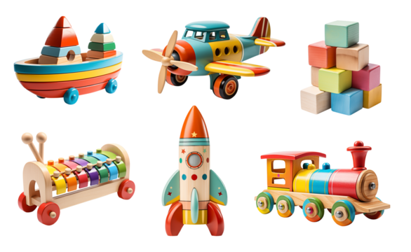  Set of wooden toys isolated on transparent background. Generative AI
