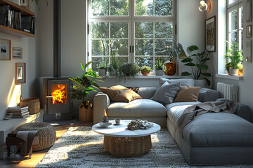 A Scandinavian living room with a gray sofa, a white coffee table, and a wood-burning stove.