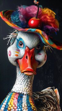 A duck with a red nose and face paint wearing a floppy clown hat with rainbow stripes.