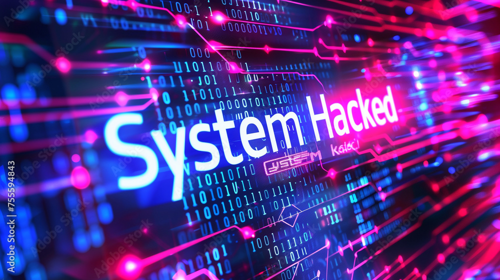 Poster security breach warning text system hacked alert on a glowing digital background, software security 