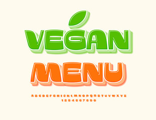 Vector healthy sign Vegan Menu. Modern Stylish  Font. Creative Glossy  Alphabet Letters and Numbers set.
