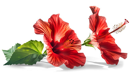 Two bright red hibiscus flowers isolated on a transparent background.