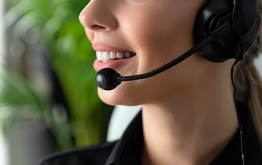 Telesales agent wear wireless headset microphone consult customer support service on phone call center concept, business woman operator receptionist telephone assistant representative close up view