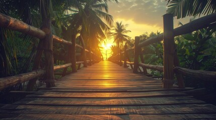 a wooden bridge at sunset in tropical island.