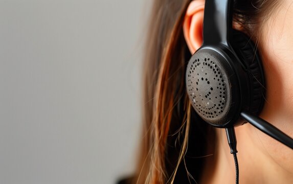 Telesales agent wear wireless headset microphone consult customer support service on phone call center concept, business woman operator receptionist telephone assistant representative close up view