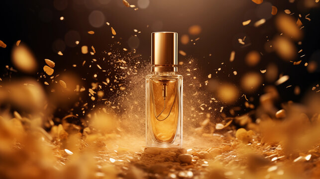 Petit flacon de parfum entour&eacute; sur un fond noir et dor&eacute; avec particules scintillantes et brillantes. Ombre et lumi&egrave;re. Nature, beaut&eacute;, cosm&eacute;tique, soin. Fond pour conception et cr&eacute;ation graphique.