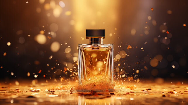 Petit flacon de parfum entour&eacute; sur un fond noir et dor&eacute; avec particules scintillantes et brillantes. Ombre et lumi&egrave;re. Nature, beaut&eacute;, cosm&eacute;tique, soin. Fond pour conception et cr&eacute;ation graphique.
