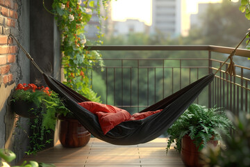 A cozy balcony with a hammock, a green plant, and a red cushion.