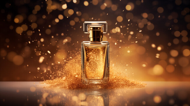 Petit flacon de parfum entour&eacute; sur un fond noir et dor&eacute; avec particules scintillantes et brillantes. Ombre et lumi&egrave;re. Nature, beaut&eacute;, cosm&eacute;tique, soin. Fond pour conception et cr&eacute;ation graphique.