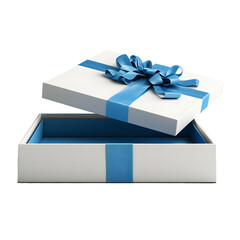 Blank open white gift box with blue bottom inside or opened present box with blue ribbon and bow isolated on transparent background