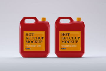 Hot ketchup packaging bottle mockup template, 3d realistic Double hot ketchup gallon mockup