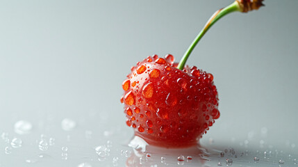 One close-up red sour cherry with water drops.