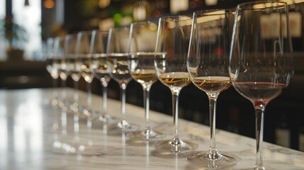An elegant wine tasting event setup with rows of glasses filled with various red and white wine samples, beautifully arranged on a sleek marble countertop, awaiting eager connoisseurs.