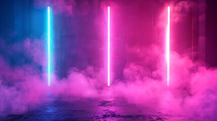 abstract neon light background, empty dark scene with neon spotlights light, studio room with smoke for display products presentation.