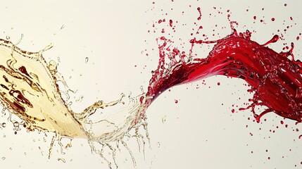 An evocative depiction of red and white wine splashes intersecting diagonally, creating a mesmerizing visual symphony against a clean background, capturing the essence of movement and elegance.