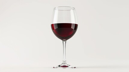 An exquisite red wine glass, brimming with deep crimson liquid, presented in isolation against a clean white backdrop, highlighting its rich color and allure.