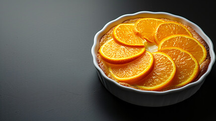 Orange cake in white dish on black background.
