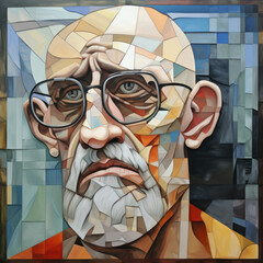 Abstract cubist painting of a bearded intellectual with classic glasses in thoughtful repose - obrazy, fototapety, plakaty