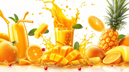 Orange pineapple mango fruit juices liquid 3D.