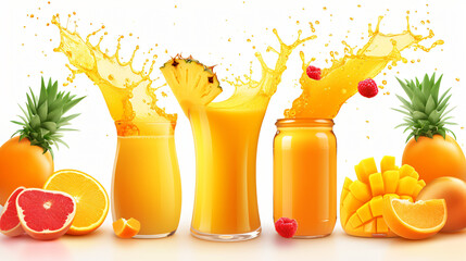 Orange pineapple mango fruit juices liquid 3D.