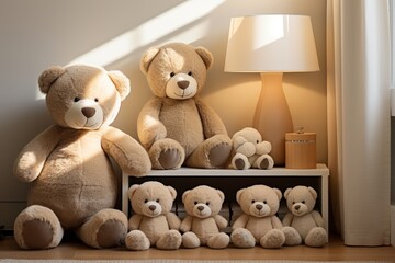 Plenty of adorable teddy bears adorning the cozy and bright interior of a modern childrens room